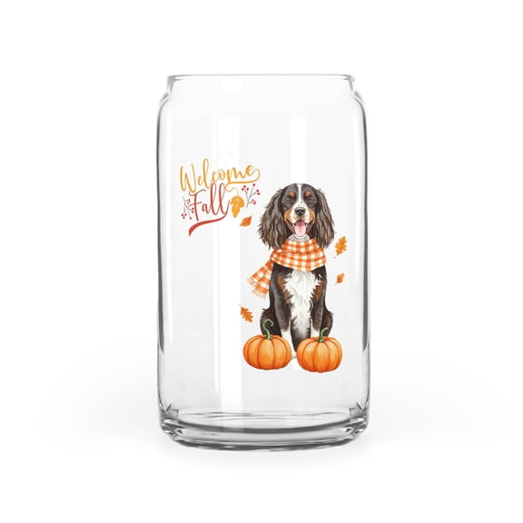 Welcome Fall Boykin Spaniel Cozy Autumn Field Pumpkins Golden Leaves 16oz Glass Cup Mug Dog Lover Glass Can - 12013