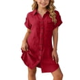 thumbnail image 2 of WAVSUF Girls Short Sleeve Button Shirt Dress, Trendy Collared Loose Fit with Pockets Casual Comfort Daily Dress Wine 11, 2 of 9