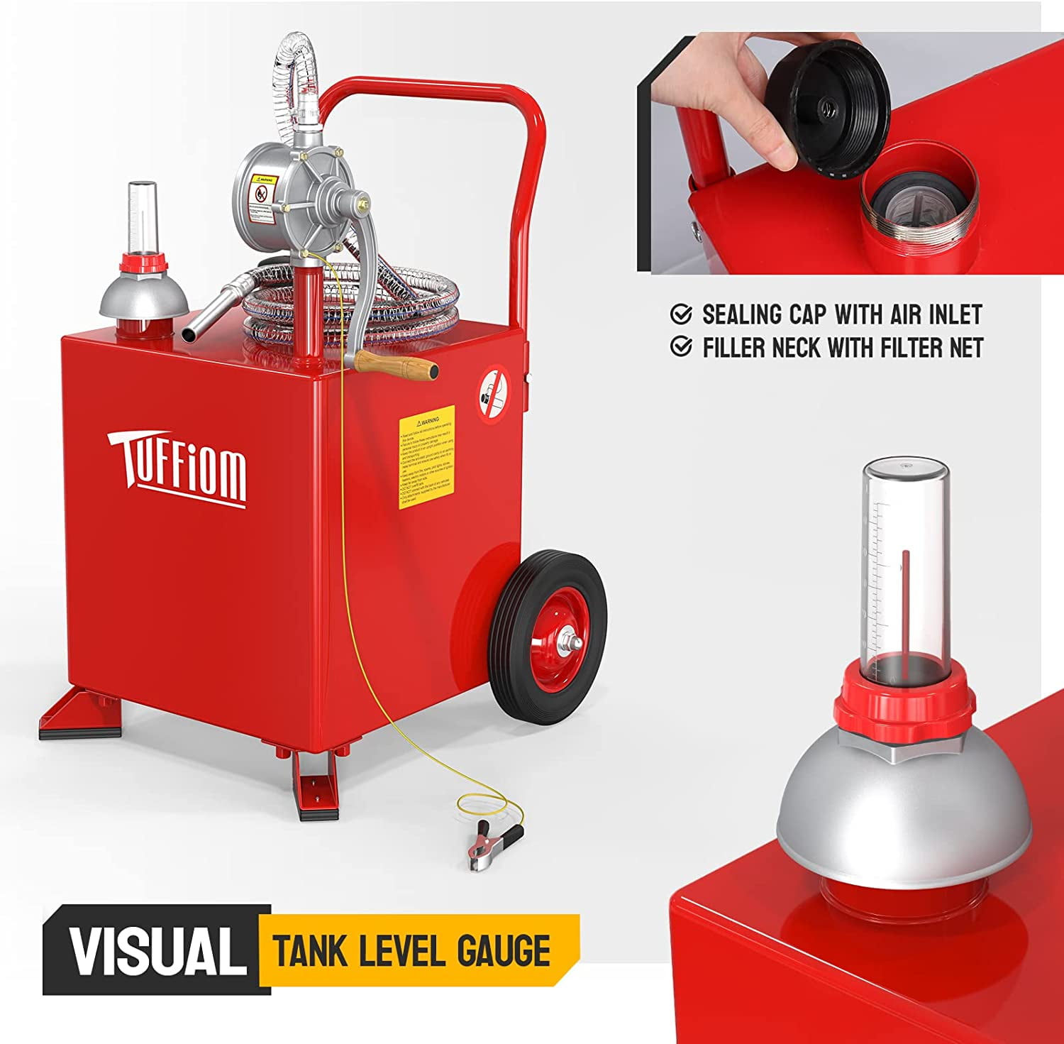 TUFFIOM 15 Gallon Gas Caddy with Wheels, Gasoline Diesel Fuel Transfer Storage Tank with Pump, Red