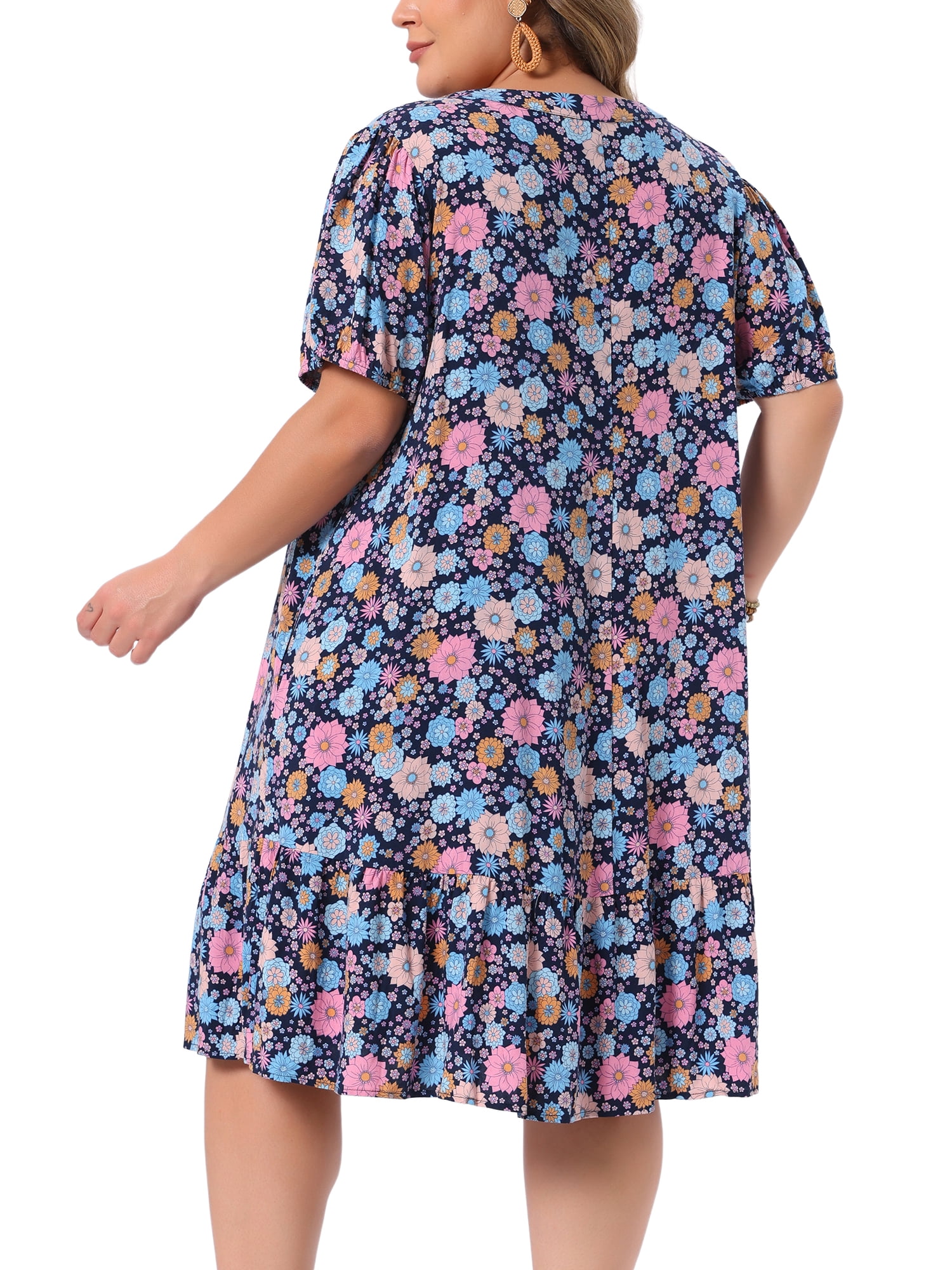 DARING DIVA Women's Plus Summer V Neck Short Sleeve Midi Dress 2X Dark Blue