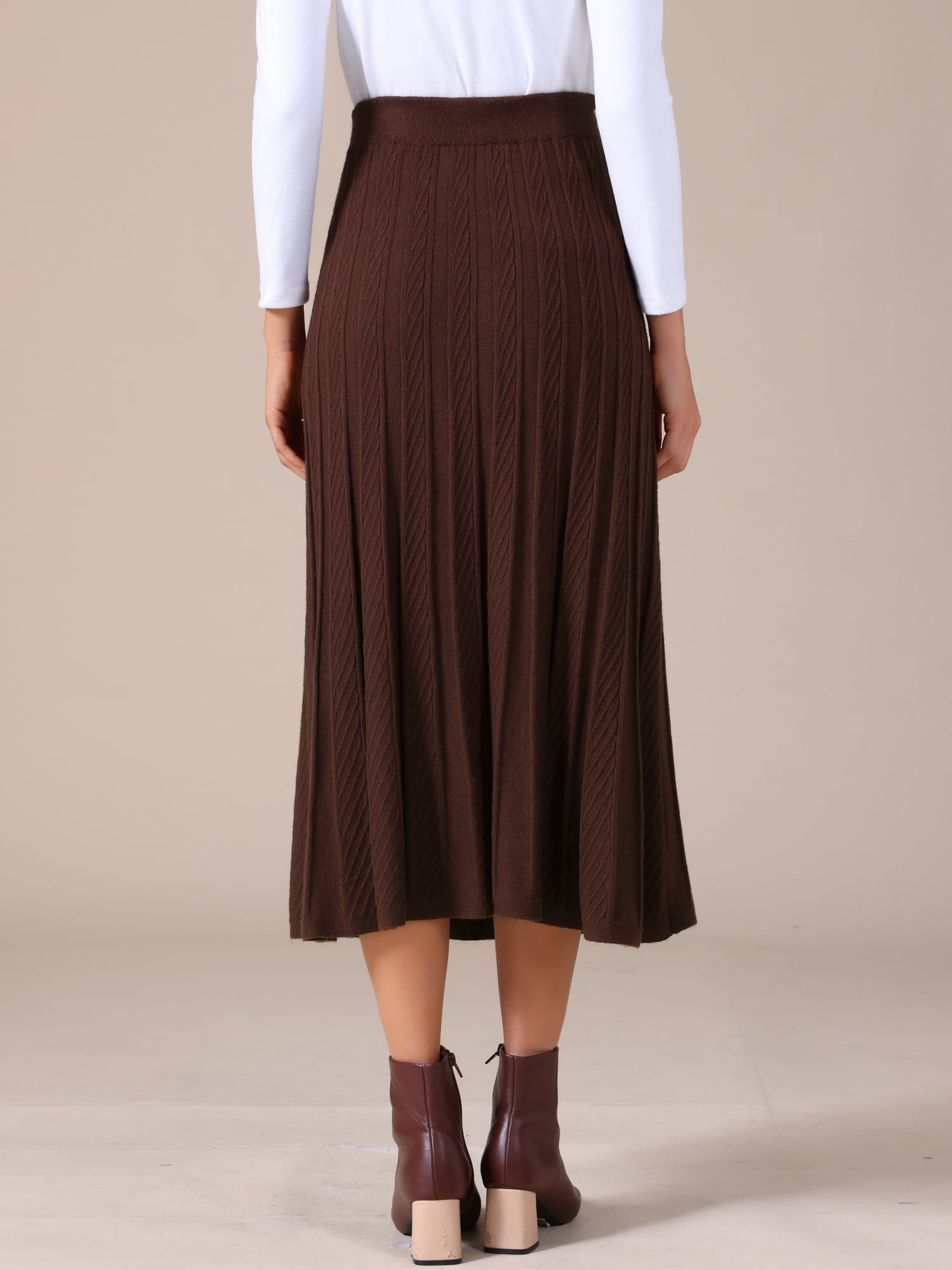 DARING DIVA Women's Sweater Pleated A Line Knit Midi Skirt Small Brown
