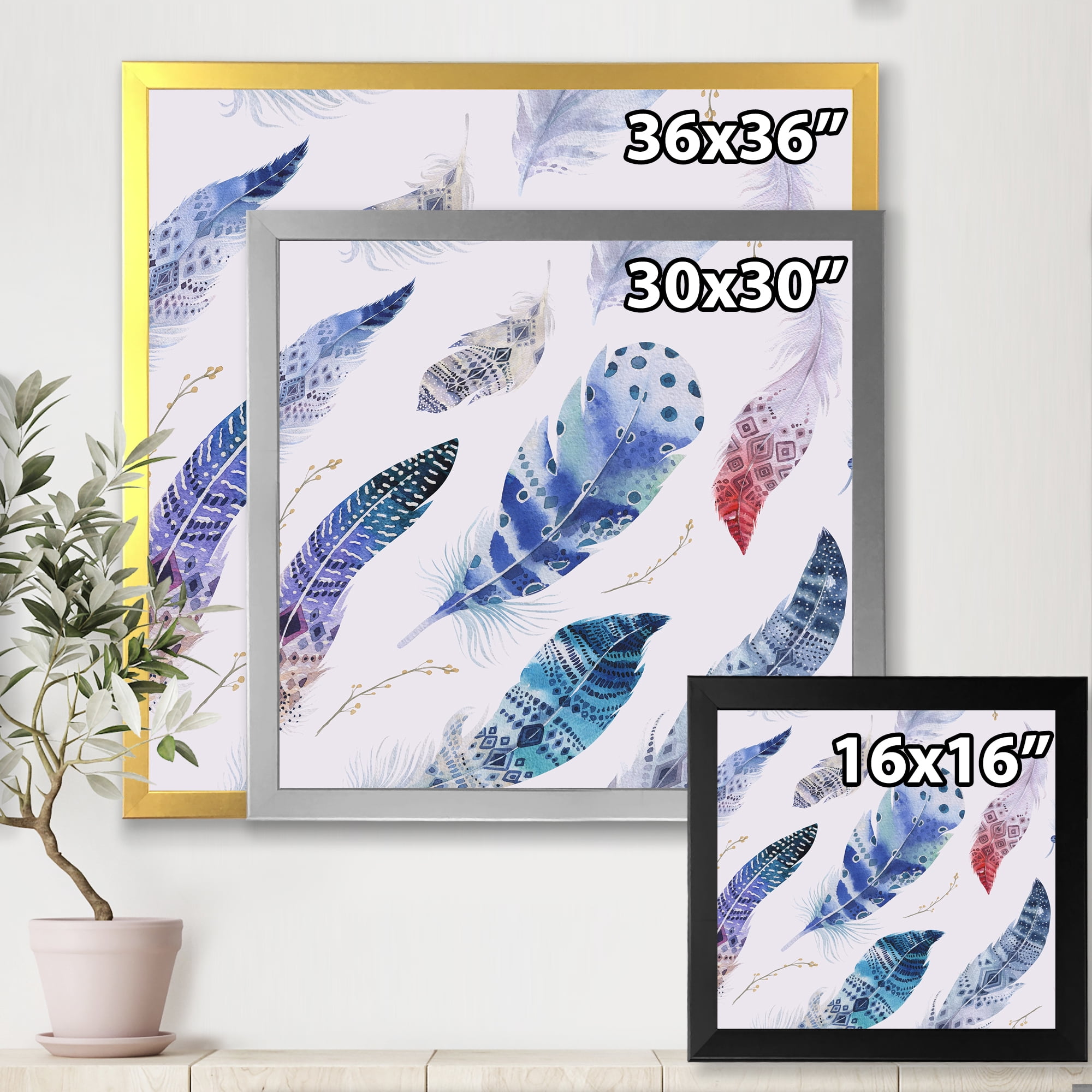 Designart 'Elegant Blue Boho Art Feathers' Bohemian & Eclectic Framed Art Print