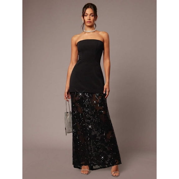 Black Strapless Sequined Lace Maxi Dress With Flared Hem, Elegant Formal Evening Gown For Weddings And Parties
