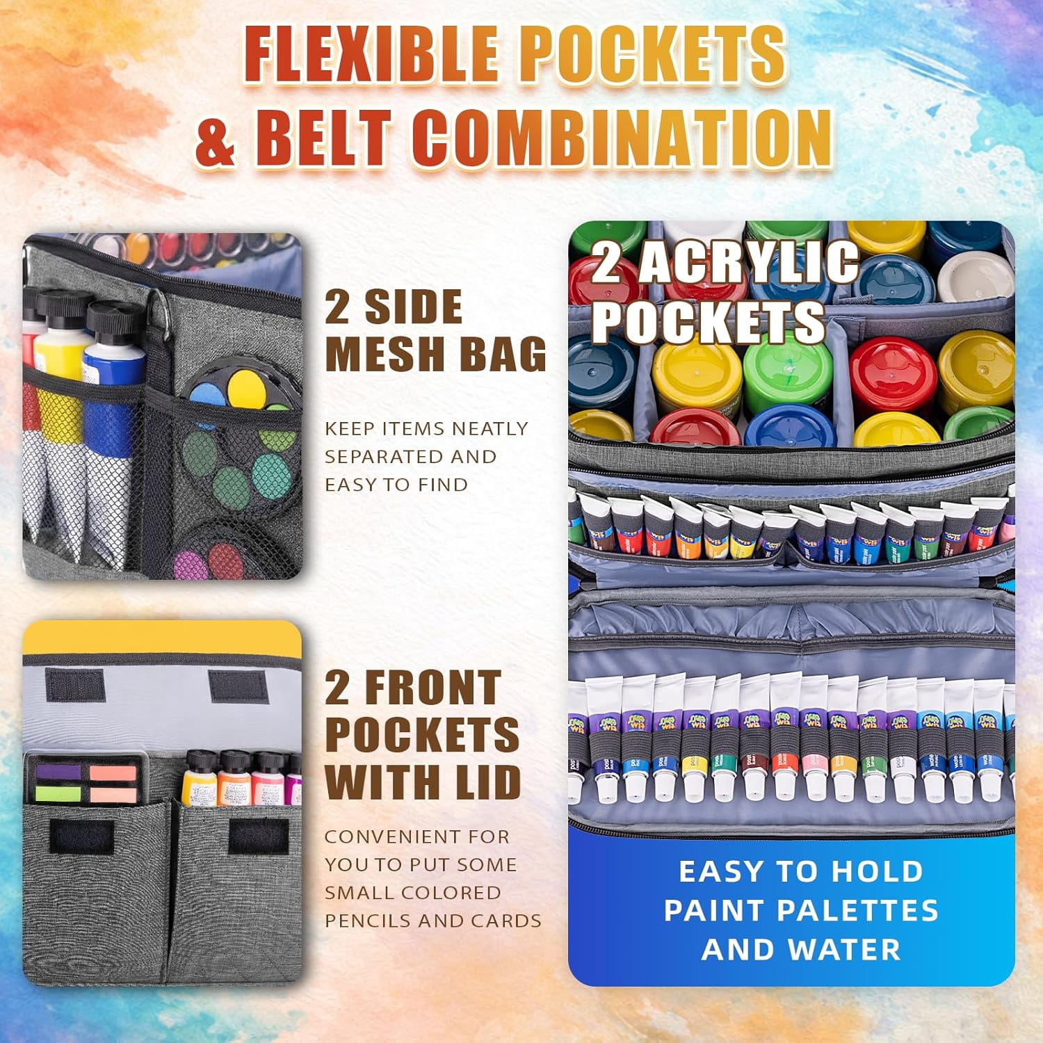 LAVFOX Adjustable Paint Storage Bag, Portable Art Supplies Organizer Tote with 12 Brush Slots for Multi-Size Acrylic Bottles and Craft Accessories, Heather Grey