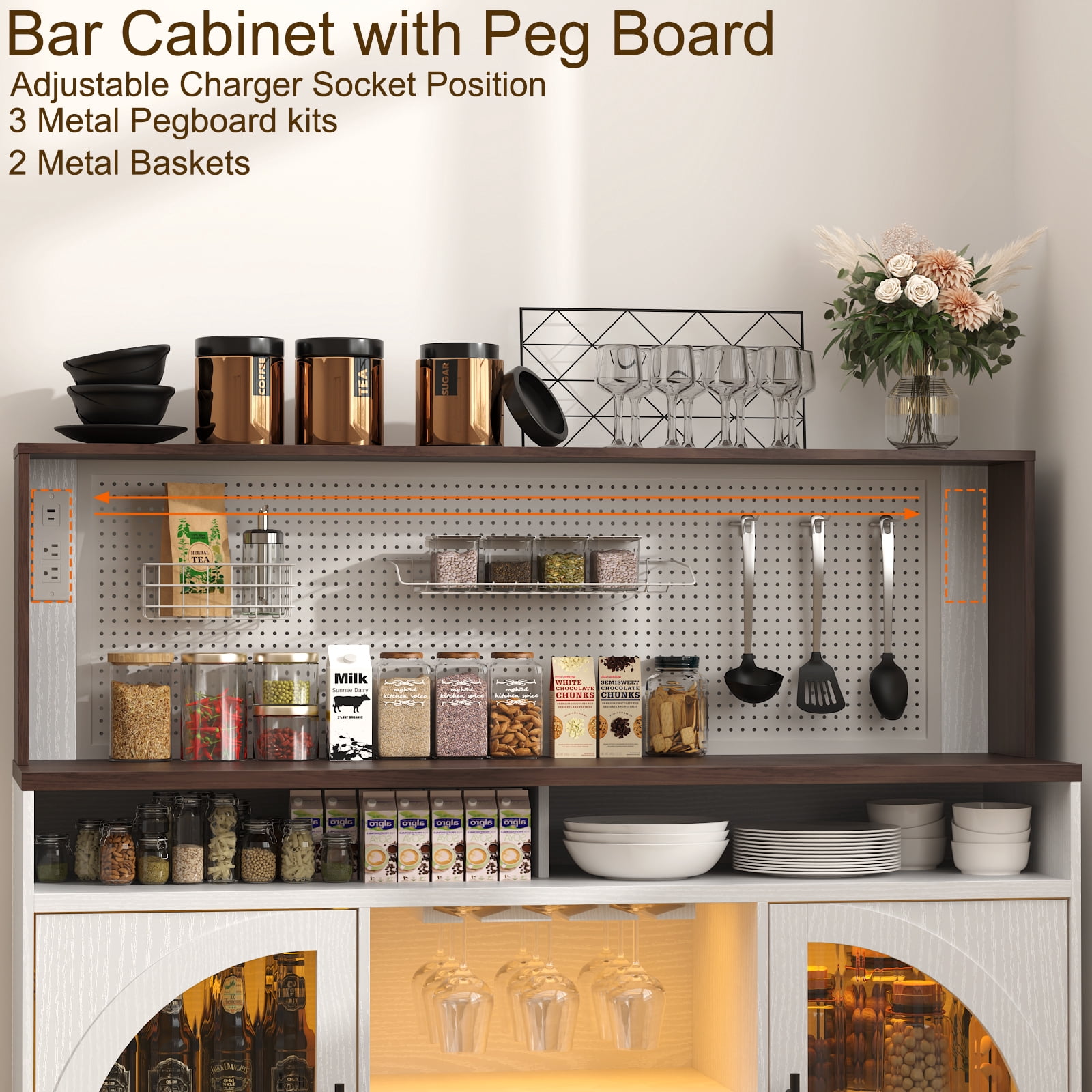 54" Coffee Bar Cabinet with LED Light,Wine Bar Cabinet,Kitchen Hutch Cabinet for Dining Room,White