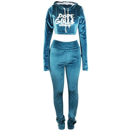 - Hood Goodie Woman's Panne Velvet Set Hooded Long Sleeve Top with Pants Jade