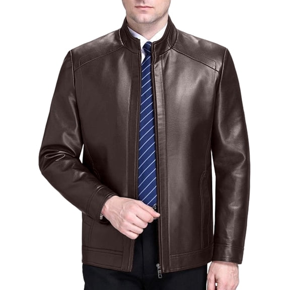 vdgthytj Leather Jacket Men Full Zip Stand Collar Long Sleeve Fall Winter Business Casual Work Jackets with Pockets(X-Small,Brown)