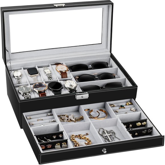 Organizador de joyas TomCare Watch Box con tapa de cristal, color negro