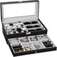 thumbnail image 1 of Caja de reloj organizador de relojes joyas gafas lentes de sol almacenamiento cerrable con tapa de vidrio y cuero sintético negro, 1 of 6