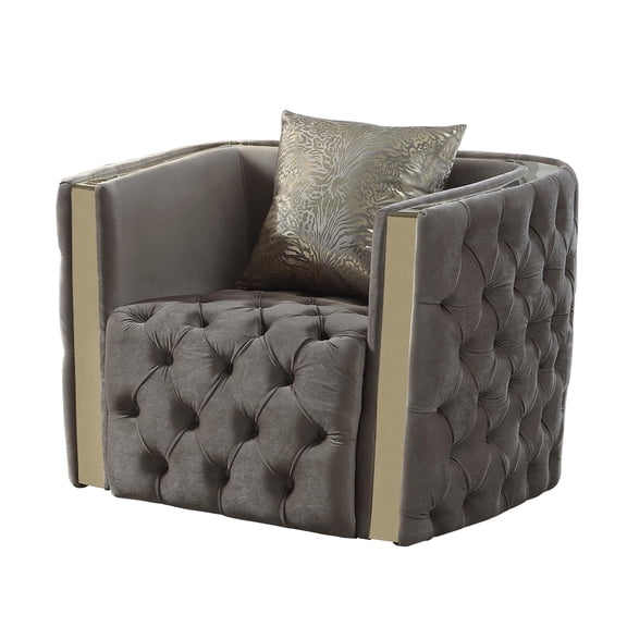 Naomi Button Tufted Chair with Velvet Fabric and Gold Accent in Taupe