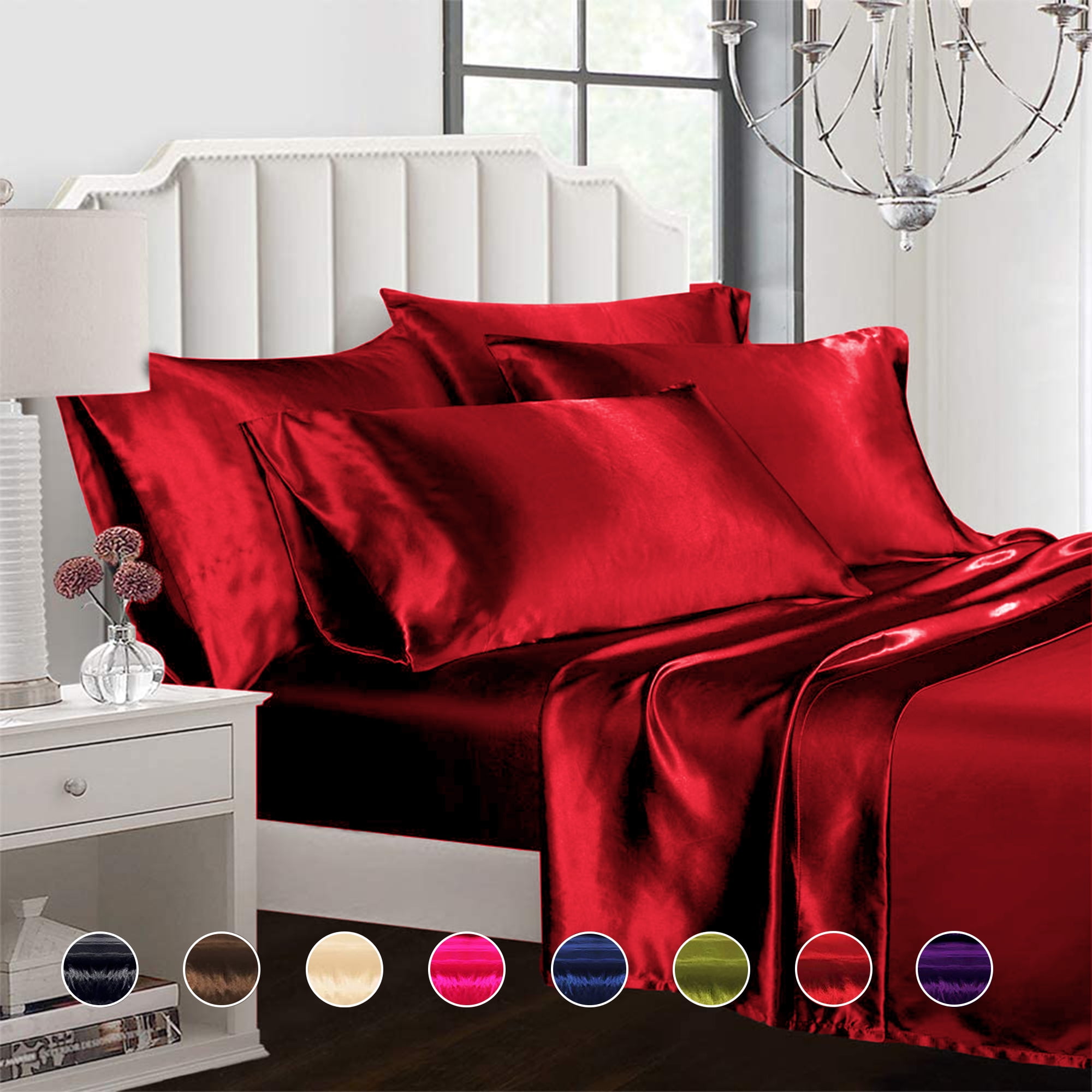 Satin 6 Pcs Silky Sexy Bedding Set Queen Duvet Cover Fitted Sheet And 4x 