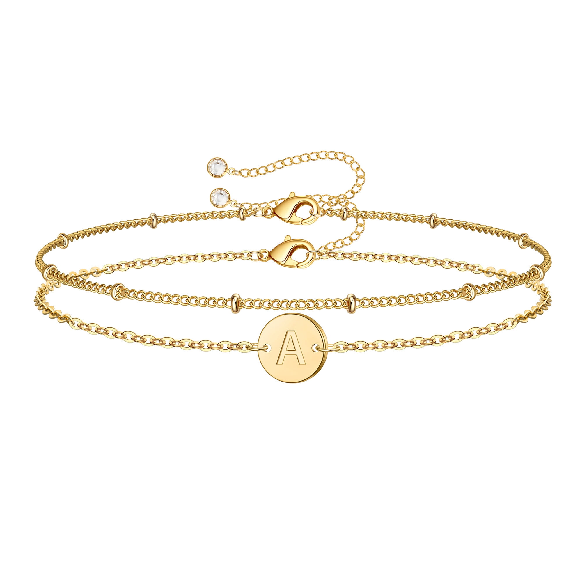 Turandoss 14K Gold Plated Layered Initial Bracelets for Women Dainty Disc Charm Chain Trendy Jewelry Birthday Teacher Appreciation Mothers Day Graduation Gifts for Her Mom Kids Teen Girls Wife Ideas
