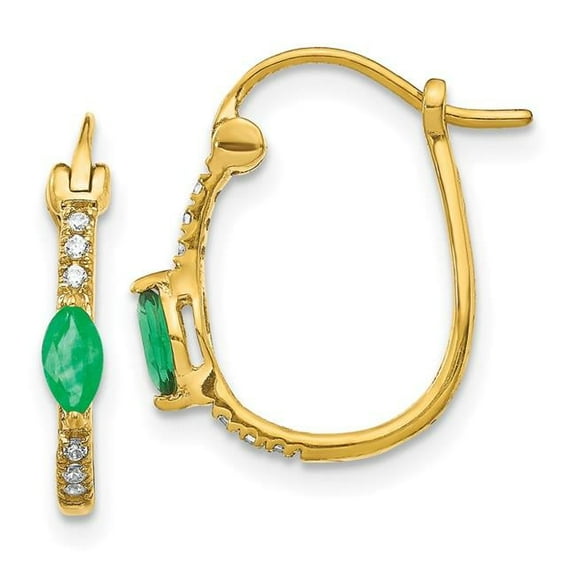 Primal Gold 14 Karat Yellow Gold 1/20ct Diamond and Emerald Hinged Hoop Earrings