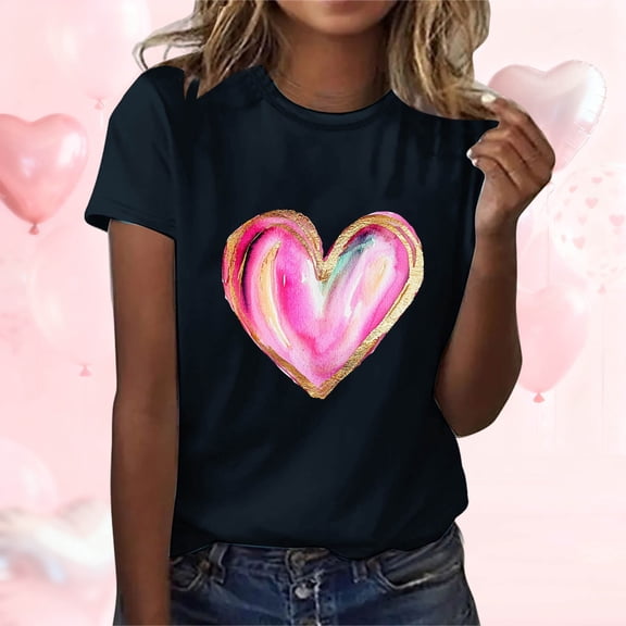 AUNVITO Women's Valentine's Day T-shirt Round Neck Short Sleeve with Valentine Print Casual and Fashionable Style