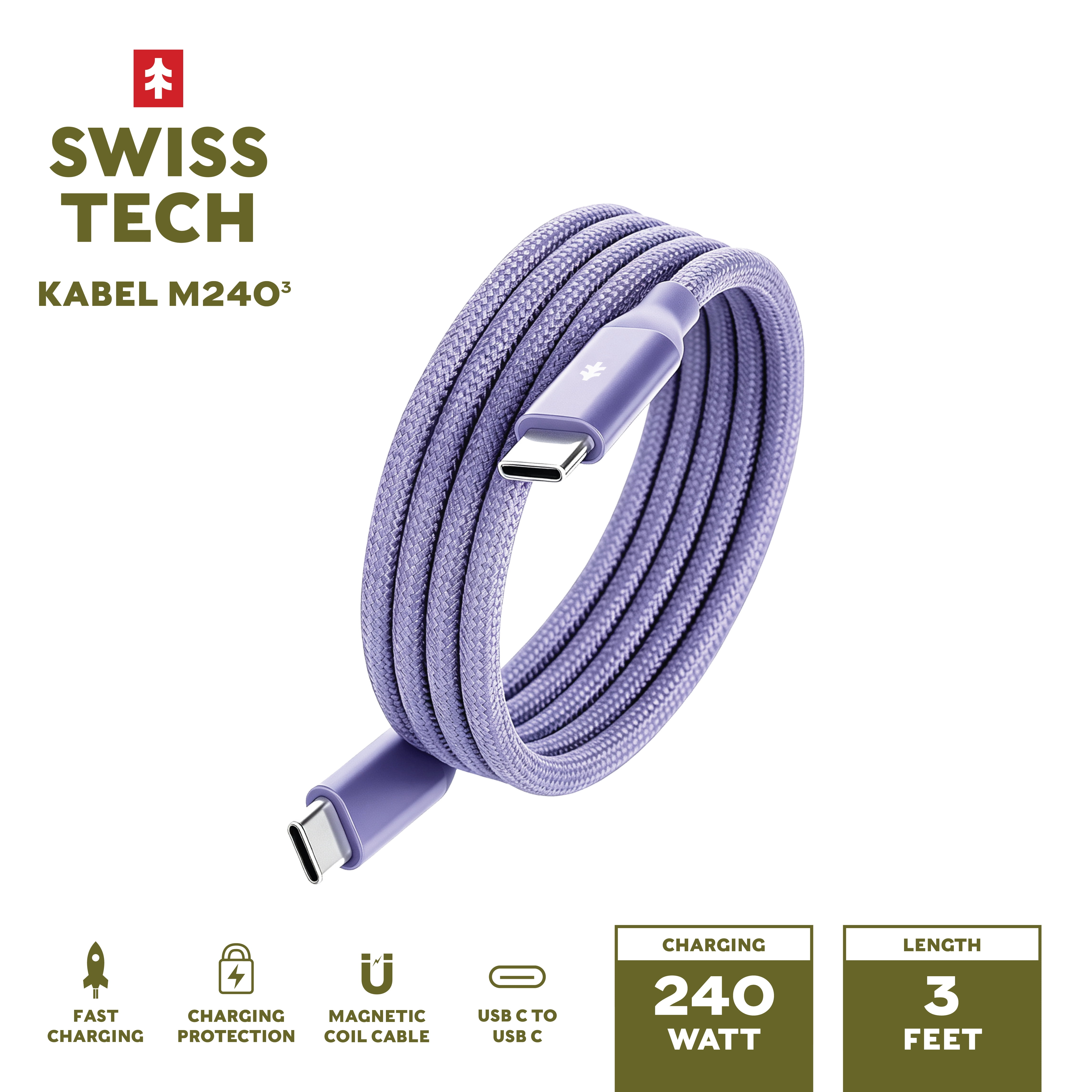 Swiss Tech Kabel M240 3 ft 240W Magnetic Self-Coiling USB-C Charging Cable, Myrtle Purple