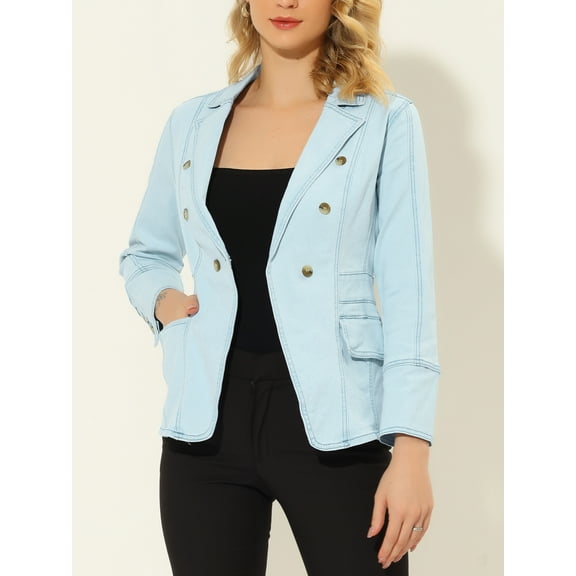 DARING DIVA Women's Lapel Jeans Blazer Denim Jacket W Pockets S Light Blue