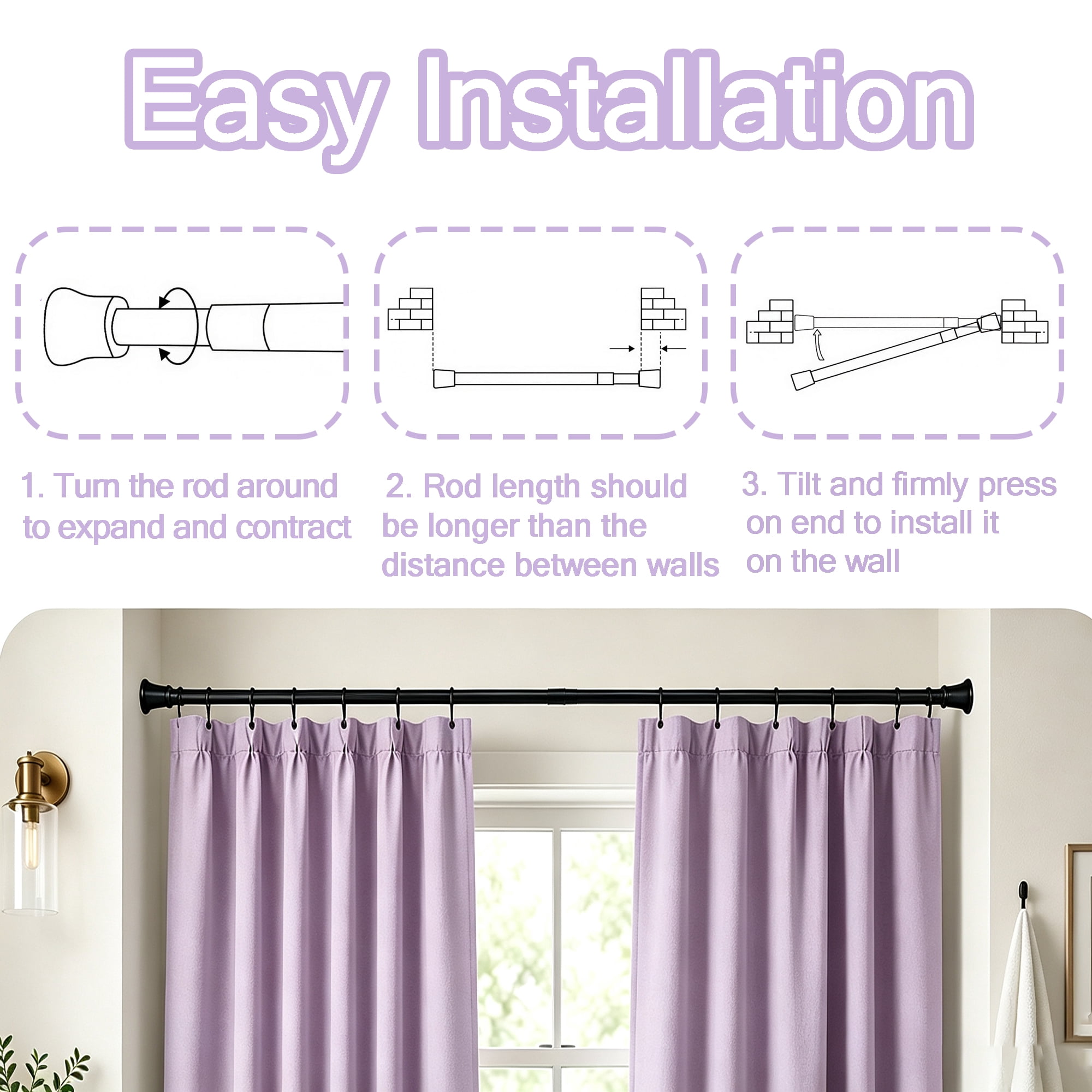 Adjustable Tension Rod for Curtains, 40.55" to 78.78" Shower Curtain Rod, No Drilling Curtain Rods for Windows, Adjustable Curtain Rods for Windows, Suit for Window, Kitchen, Closet, Doorway