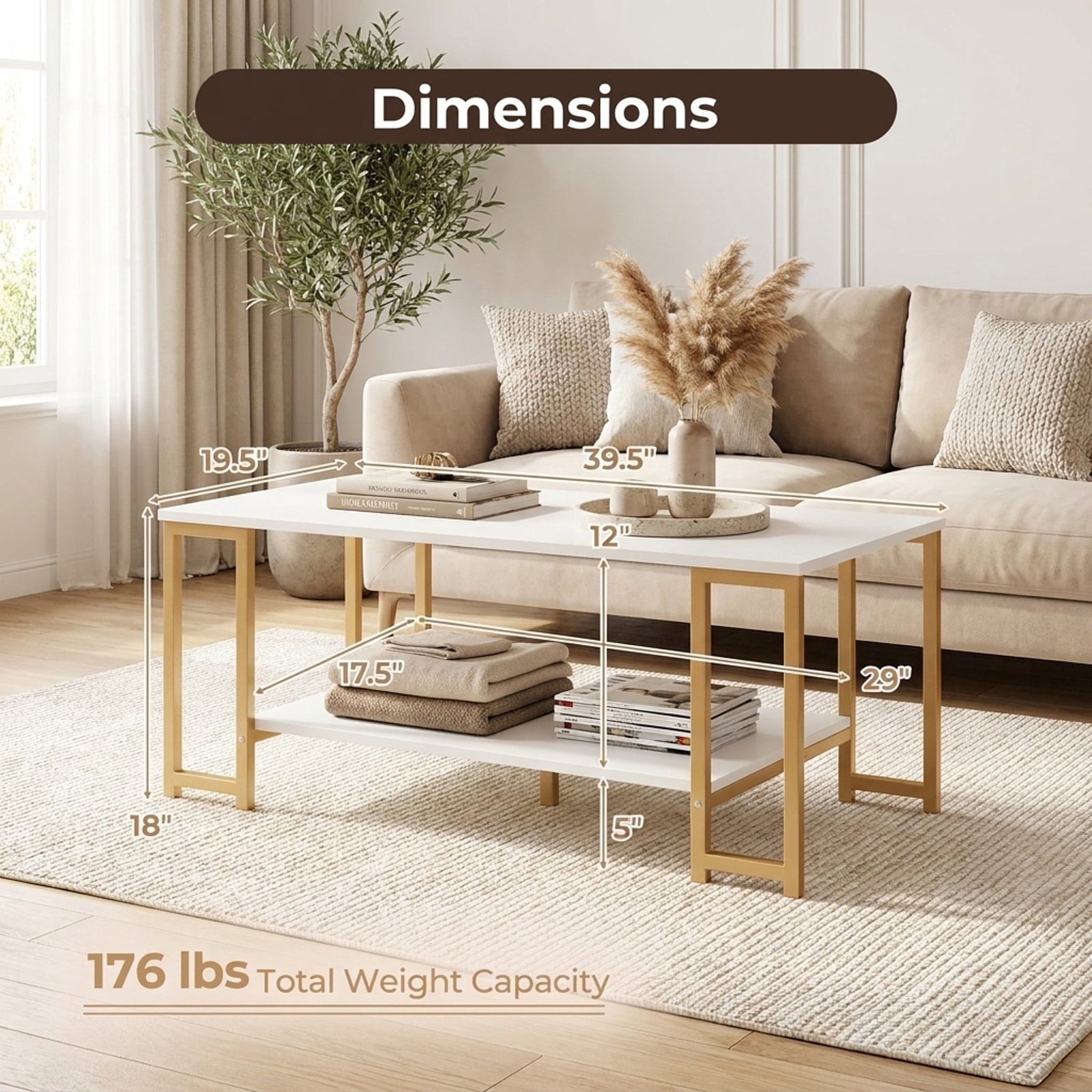 Furnibear Modern 2 Tier Accent Coffee Table with Open Storage Shelf and Metal Frame for Living Room Apartment and Lounge, White