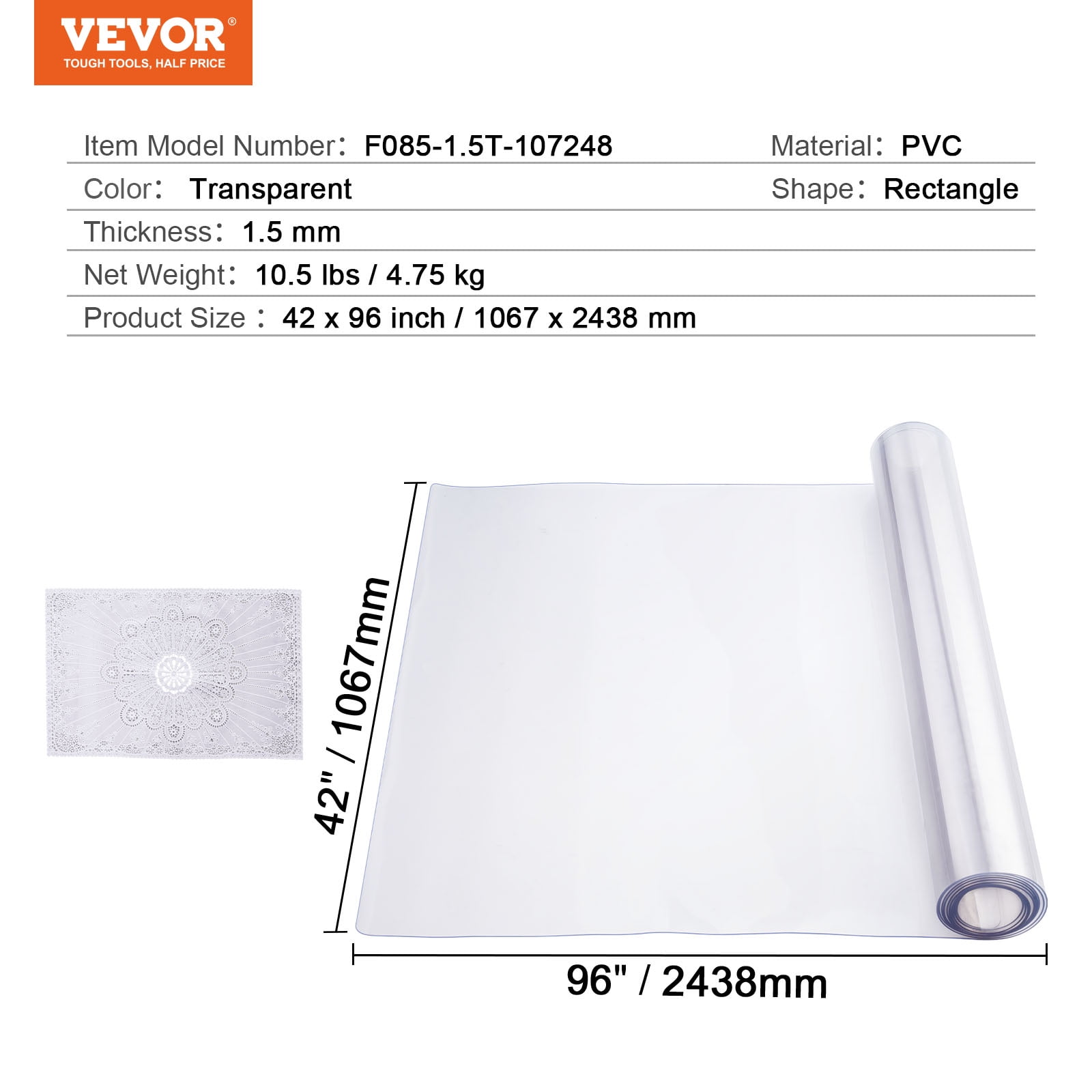 VEVOR Plastic Table Cover, 42 x 96 Inch 1.5 mm Thick Clear Table Protector, Rectangle PVC Desk Mat, Waterproof & Easy Cleaning Desk Pad Tablecloth, for Office Dresser Dining Room Table Night Stand