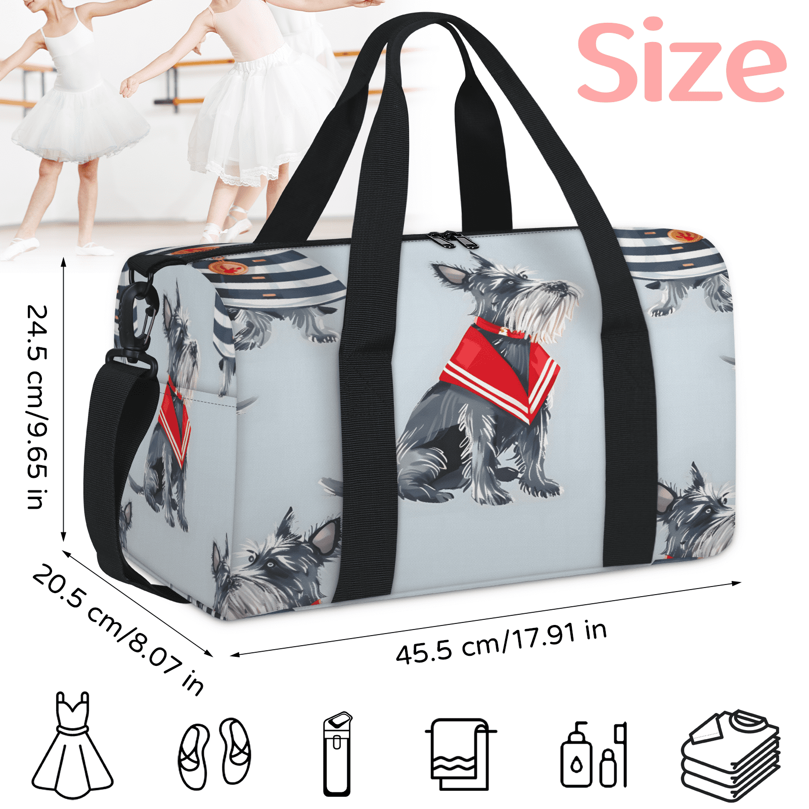 Herdesigns Cute Dog Scottish Terrier Gym Bag for Women, Duffle Bag for Travel Sport, Lightweight Waterproof Carry on Weekender Overnight Dance Yoga Workout Bags