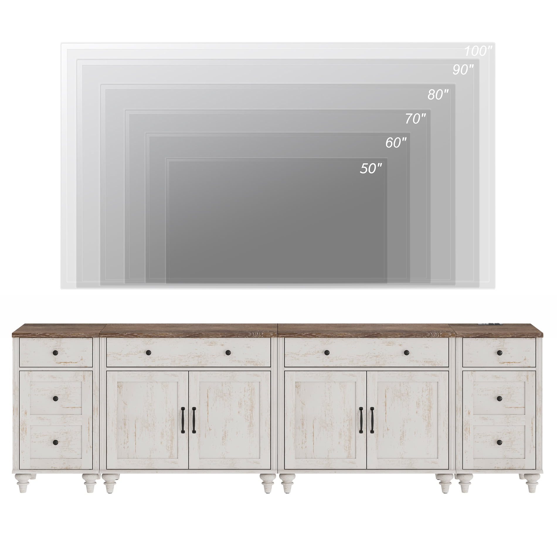 WAMPAT TV Stand for 100 Inch TV, 4-in-1 TV Console Table for 75/80/85/90 Inch TV, Farmhouse Entertainment Center with Charging Station, Kitchen Sideboard Buffet Cabinet for Dining Room, Rustic White