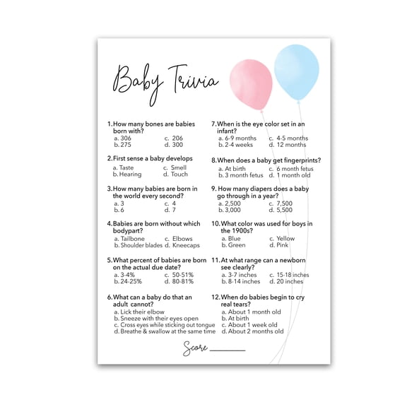 GENDER REVEAL Party Game — BABY TRIVIA Game — Pack of 25 — BALLOONS Minimalist Pink or Blue Fun Baby Facts Games, Trivia Gender Neutral Baby Shower Games Coed Couples Shower Activities G515-TRV