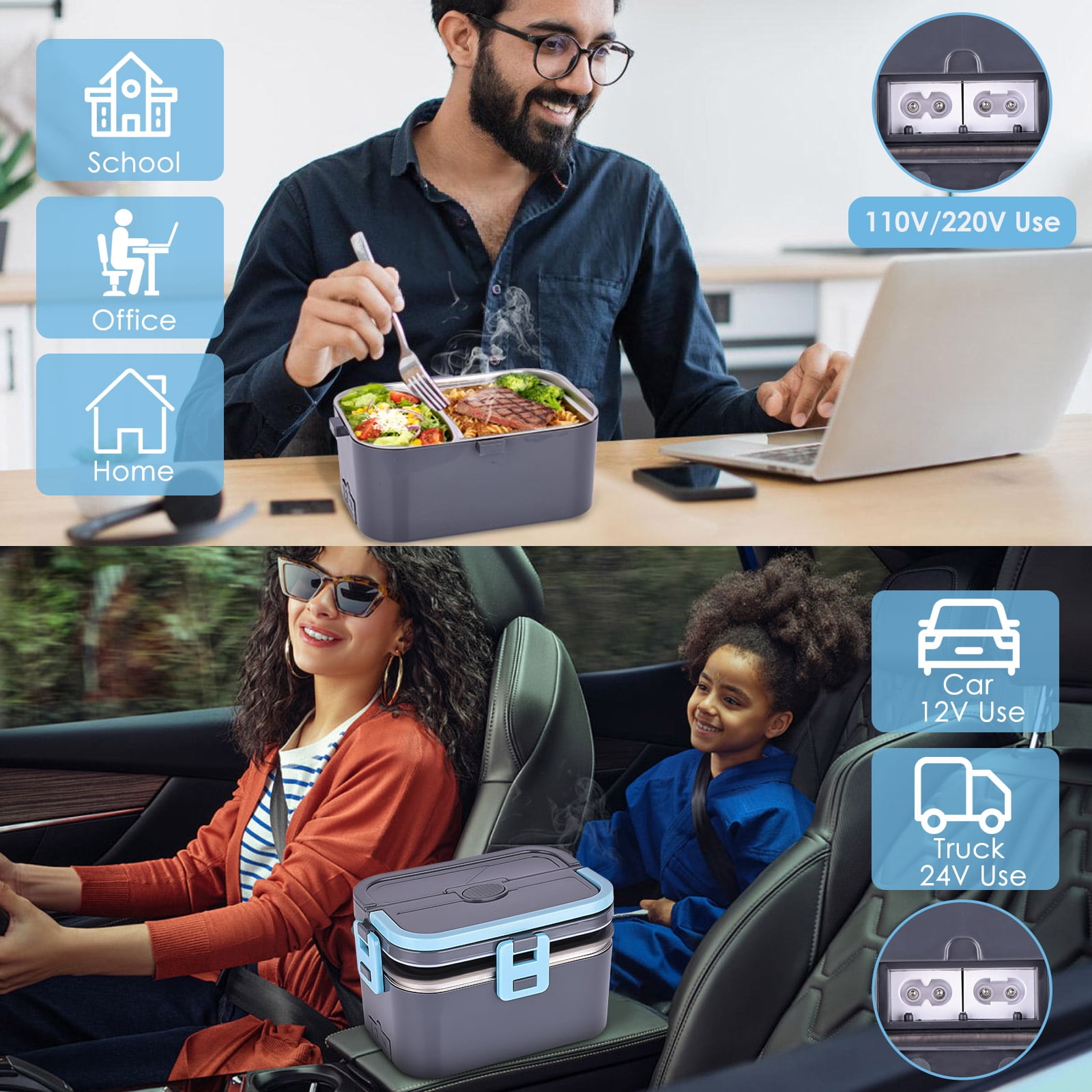 Electric Lunch Box Food Heater for Work, 100W Heated Lunch Box for Adults, Portable Food Warmer with 2 Packs Stainless Steel Containers for Car, Office, School with Carry Bag 12V-24V 110V