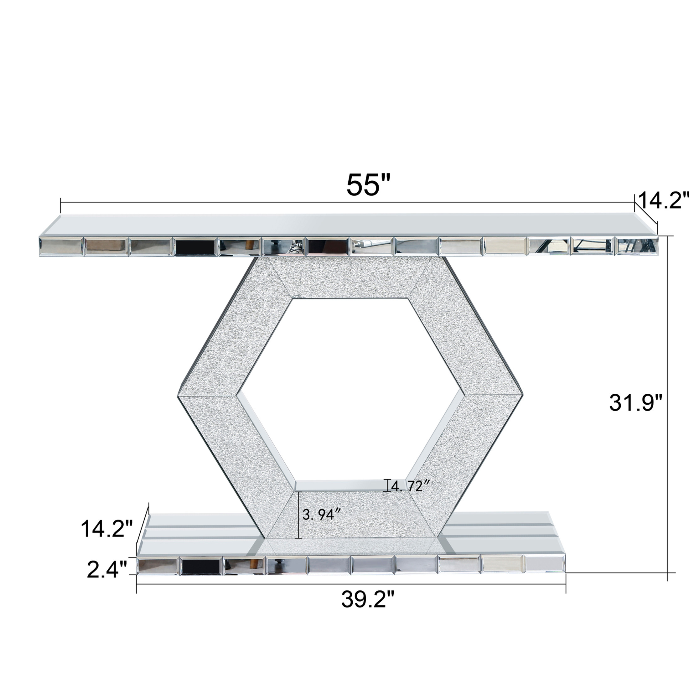 Noble House Sparkling Crystal Hexagon Mirror Entryway - Premium Modern Foyer Console Table with Diamond Glass Effects, Dual-Tier Luxury Sofa Table, Silver
