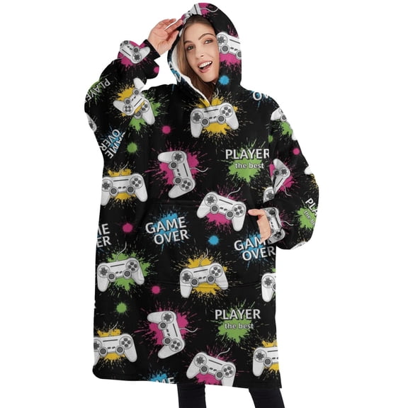 Oversized Wearable Blanket Hoodie,Neon Controllers Games Icons Black Pattern Sherpa Blanket Hoodie with Super Pockets,Super Warm Fuzzy Pullover for Women & Men