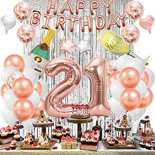 Humairc 21st Rose Gold Birthday Party Decoration for Girls Happy Birthday Banner Number Balloon 18 40inch 2 Fringe Curtain Foil Tablecloth Confetti Balloon Cake Topper Table Confetti Anniversary 