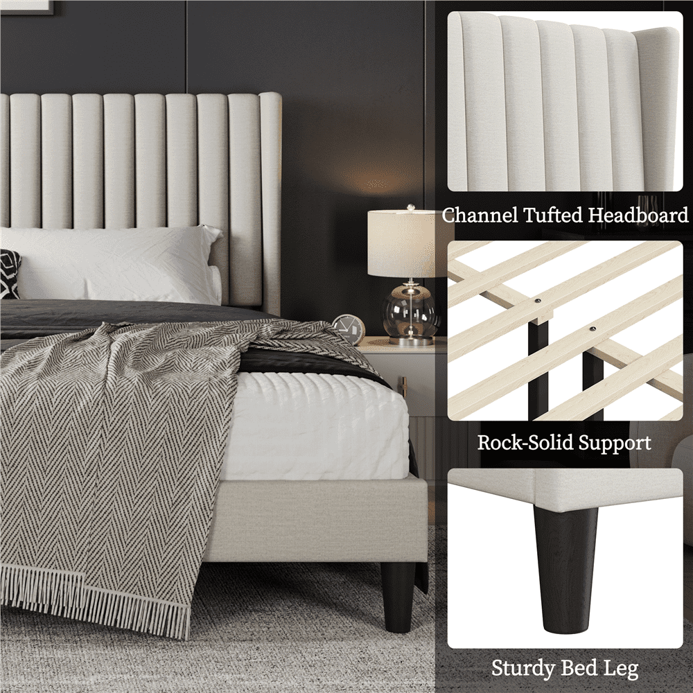 Fullfurnique Lit Rembourré avec Tête de Lit à Oreilles Design a Cannelures, Taille Queen, Ivoire