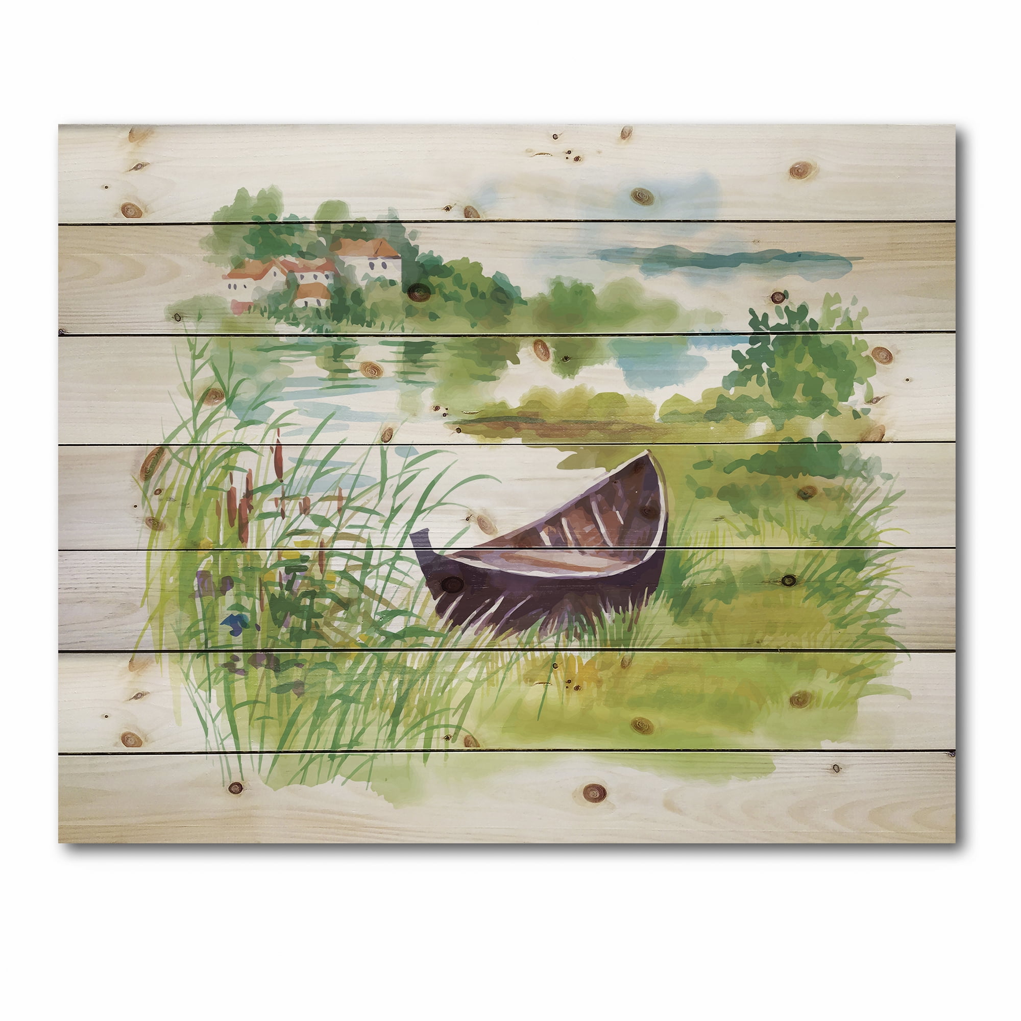 Designart 'Rural Green Landscape With Boat In Lake' Lake House Print on Natural Pine Wood
