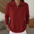 thumbnail image 2 of LEKODE Womens Lapel Collar Full-Zip Wool Blend Cardigan Long Sleeve Soft Ribbed Knit Daily Outerwear Red M, 2 of 5