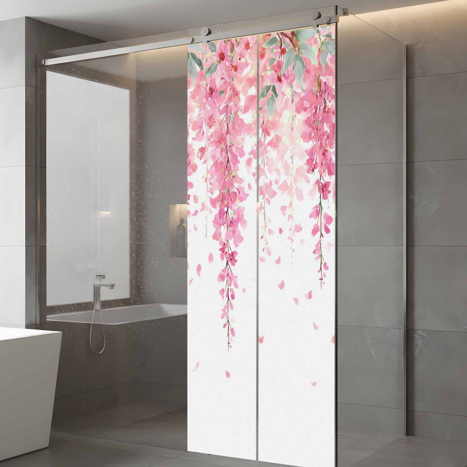 Spring Floral Window Privacy Film, Watercolor Pink Flowers Modern Rustic Farmhouse Frosted Glass Window Clings Static Cling UV Heat Blocking Reusable Door Sticker for Bathroom 23.6 x 59 Inch