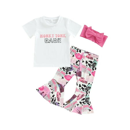 

Suanret Toddlers Girls Pants Set Infants Letter Short Sleeve Round Neck T-Shirt Printed High Waist Stretch Flared Trousers Bow Hairband White 12-18 Months