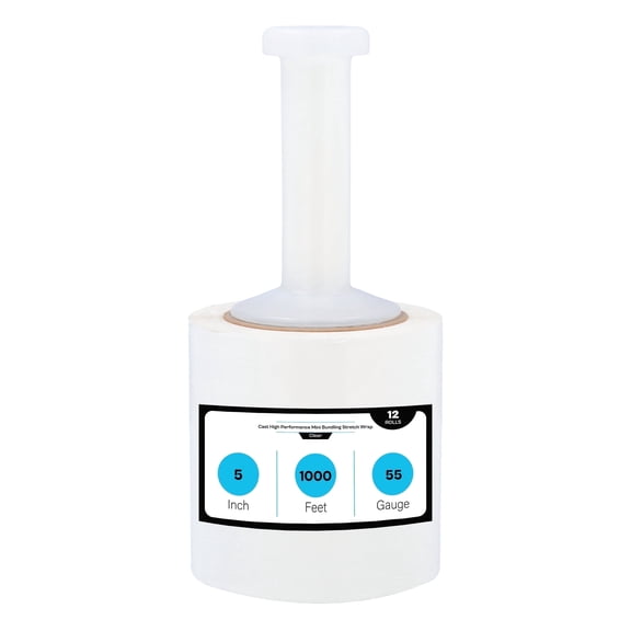 MMBM Mini Stretch Wrap with Plastic Handle 5" x 1000' 12 Rolls 55 Gauge Clear Shrink Film for Shipping and Moving