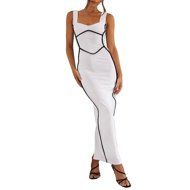 Faithtur Robe Longue Moulante pour Femmes, Patchwork, Sans Manches, Robe Camisole, Été, Dos Nu, Fente, Robe de Soirée