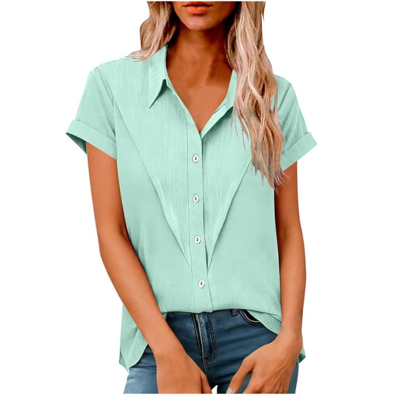ShiShine Womens Short Sleeve Shirts V Neck Collared Button Down Shirt Solid Color Summer Casual Tops S-5XL