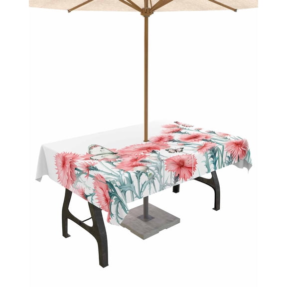 Fsddascl Red Spring Floral Outdoor Tablecloth - 54x80 Inch Rectangle Dining Table Cover, Watercolor Summer Botanical Elegant Waterproof Outdoor Table Cloth with Umbrella Hole & Zipper for Patio