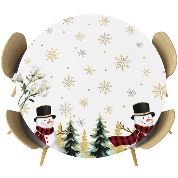 Round Fitted Tablecloth with Elastic Edge, Snowman Christmas Tree Fitted Table Cloth for Round Tables 55-60in, Winter Gold Snowflake Waterproof Tablecloth for Outdoor Picnic Party