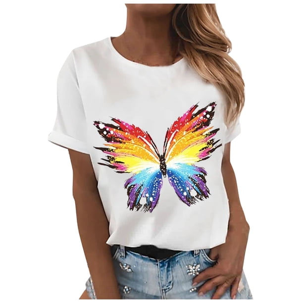 Gibobby Casual Playera de Manga Corta para Mujer Mujer Top Butterfly imprimir O cuello manga corta Casual Blose(Blanco,G)