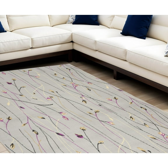 7' X 10' Gray and Pink Floral Power Loom Area Rug