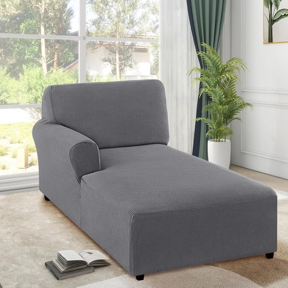 FantasDecor Left Chaise Lounge Cover Stretch Chair Lattice Slipcover with Armrests for Living Room Bedroom Left Arm Soft Jacquard Fabric Machine Washable, Grey,Left Chaise