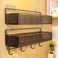 thumbnail image 5 of Wall Mount Storage Basket,Metal Grid Hanging Shelf with Bottom Hooks for Office Kitchen Entryway,Black, 5 of 6