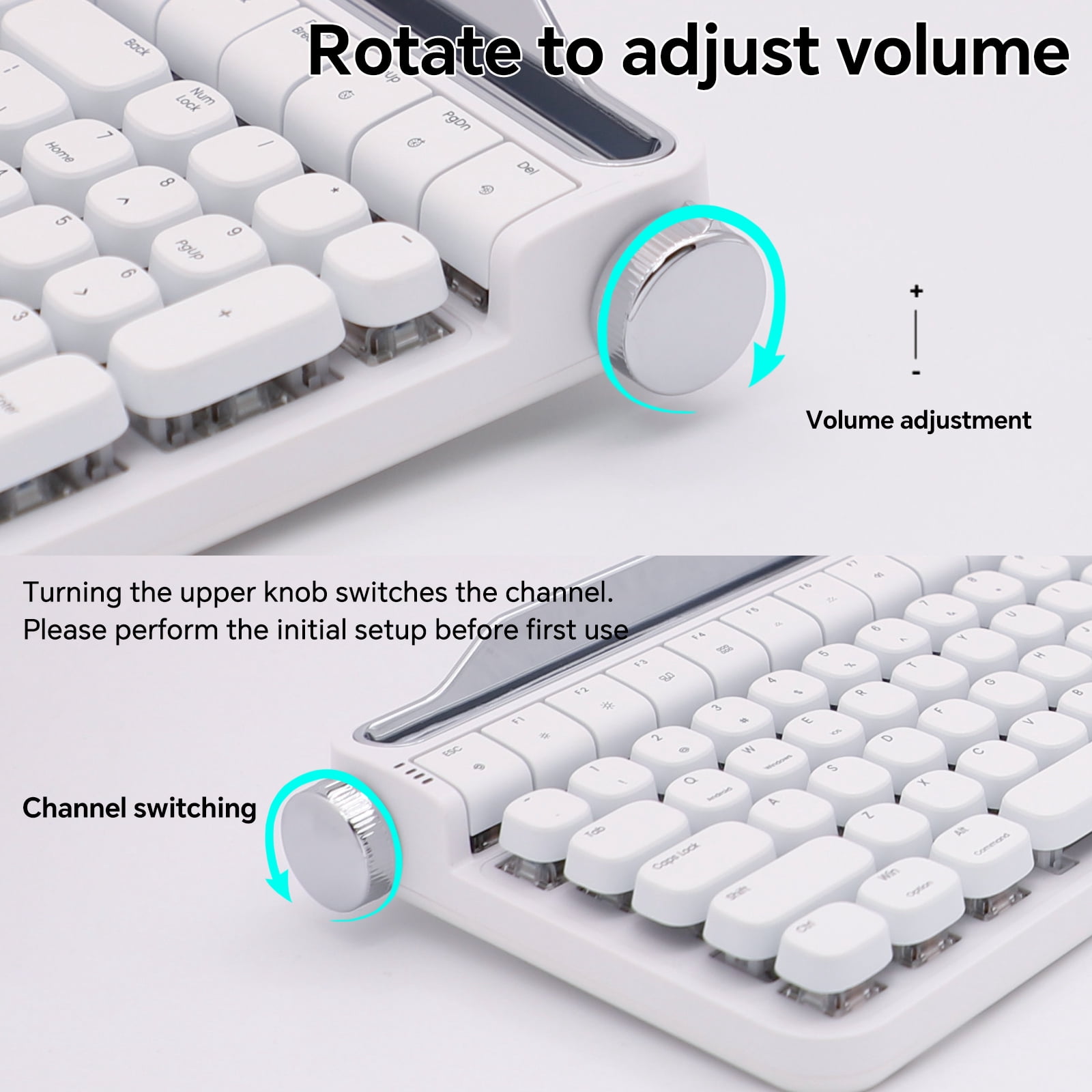 ACTTO B705 Retro Typewriter Mechanical Keyboard, White, Dual-Mode Bluetooth & Wired, Knob & Stand, Blue Switch, RGB Backlight, for Gaming & Office