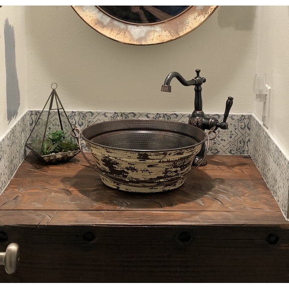 SimplyCopper 15" Copper Vessel Bath Bucket Sink with Distressed White Exterior Including Faucet & Drain