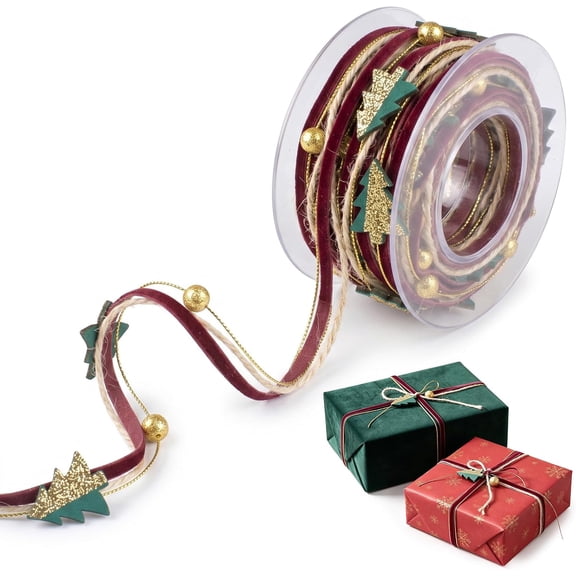 1 Roll Christmas Tree Organza Ribbon Cord - Glitter Tree Wooden Charms Ribbon 5.5 Yards