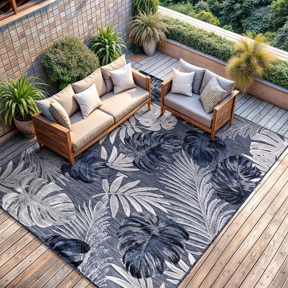 CAMILSON Indoor Outdoor Rug Navy Blue 5x7 Leaf Tropical Botanical Area Rugs for Indoor and Outdoor patios, Easy-Cleaning Non-Shedding Living Room Gar