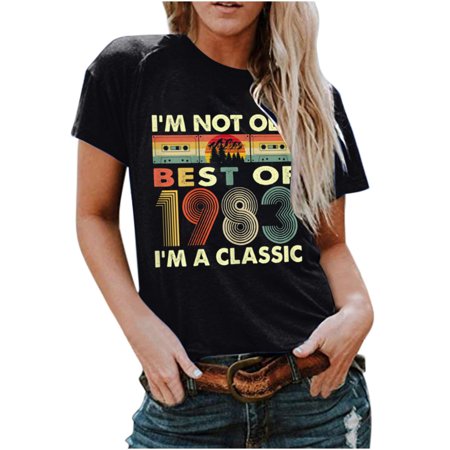 

Shirts for Women Womens Tops Dressy Casual Women s Fashion Casual 1982 Printing Round Neck Loose Short Sleeve T Shirt Pullover Tops Off The Shoulder Tops for Women Tube Tops for Women Black M