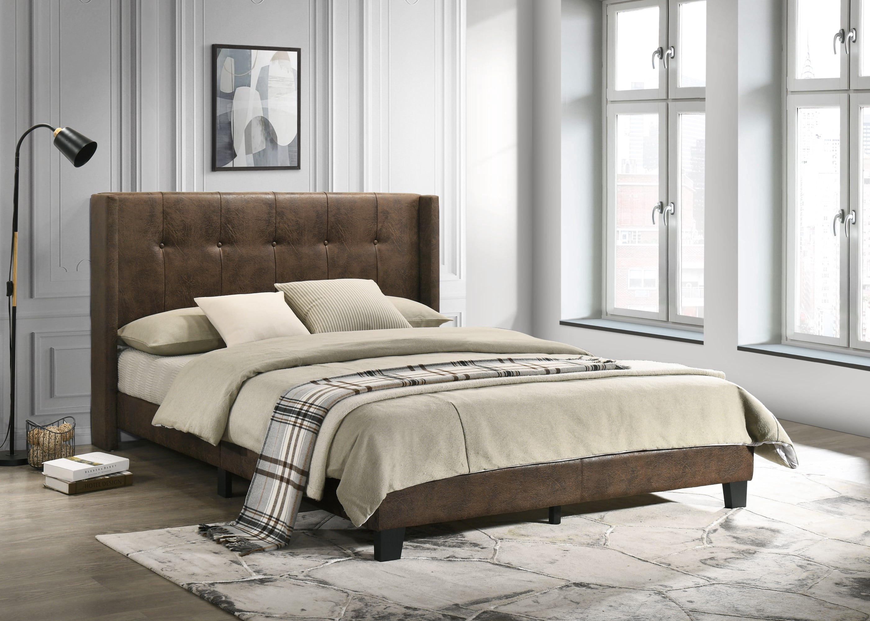 Home Design Evelyn Twin Upholstered Platform Bed Frame with Tufted Headboard and Wingback Design, Brown, Easy Assembly